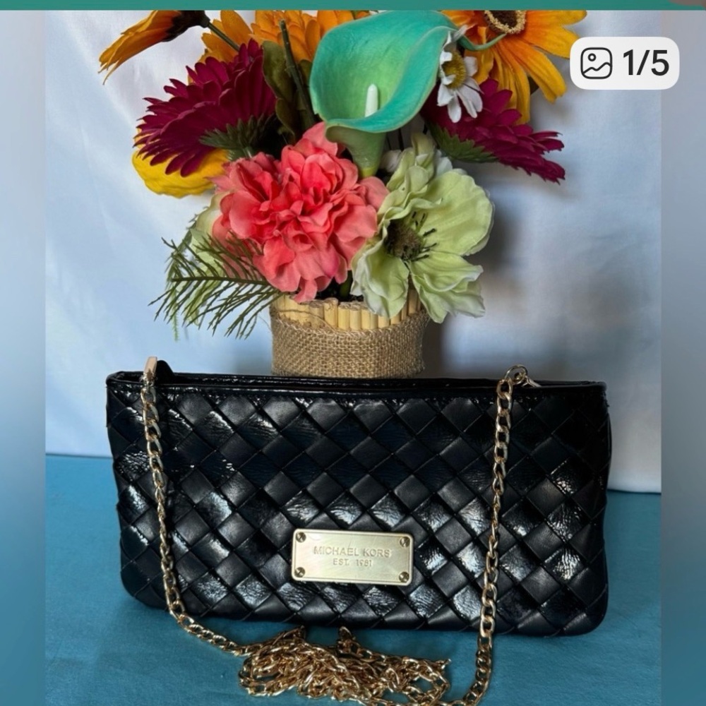 Michael Kors Black Woven Clutch with Gold Chain